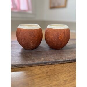 Trader Vic's Vintage Coconut Tiki Mugs Ceramic Set of 2 Brown White USA Barware